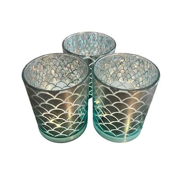 Iridescent Blue Silver Mermaid Votive Cups 4” New Set of Three - Picture 6 of 6